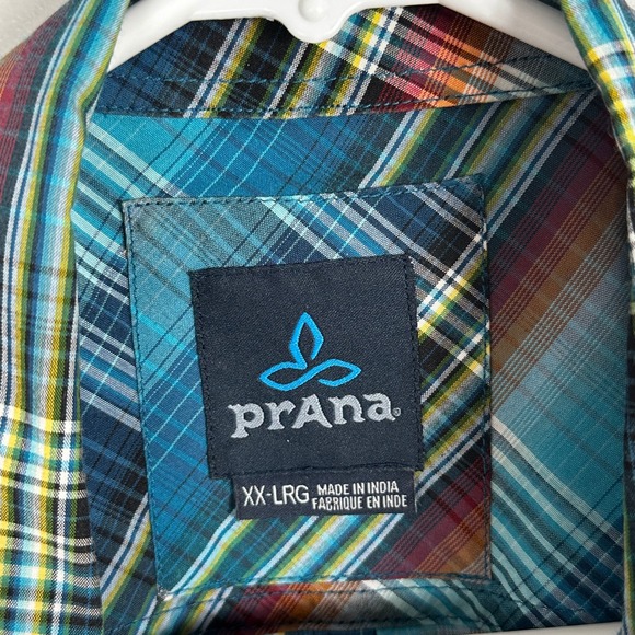 PrAna Ostend Mens Short Sleeve Button Down Shirt Blue Brown Plaid Mens Size XXL - Picture 2 of 16